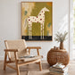 Ruby Spotted Horse painting beside a woven wooden armchair and wicker side table in a bright room.