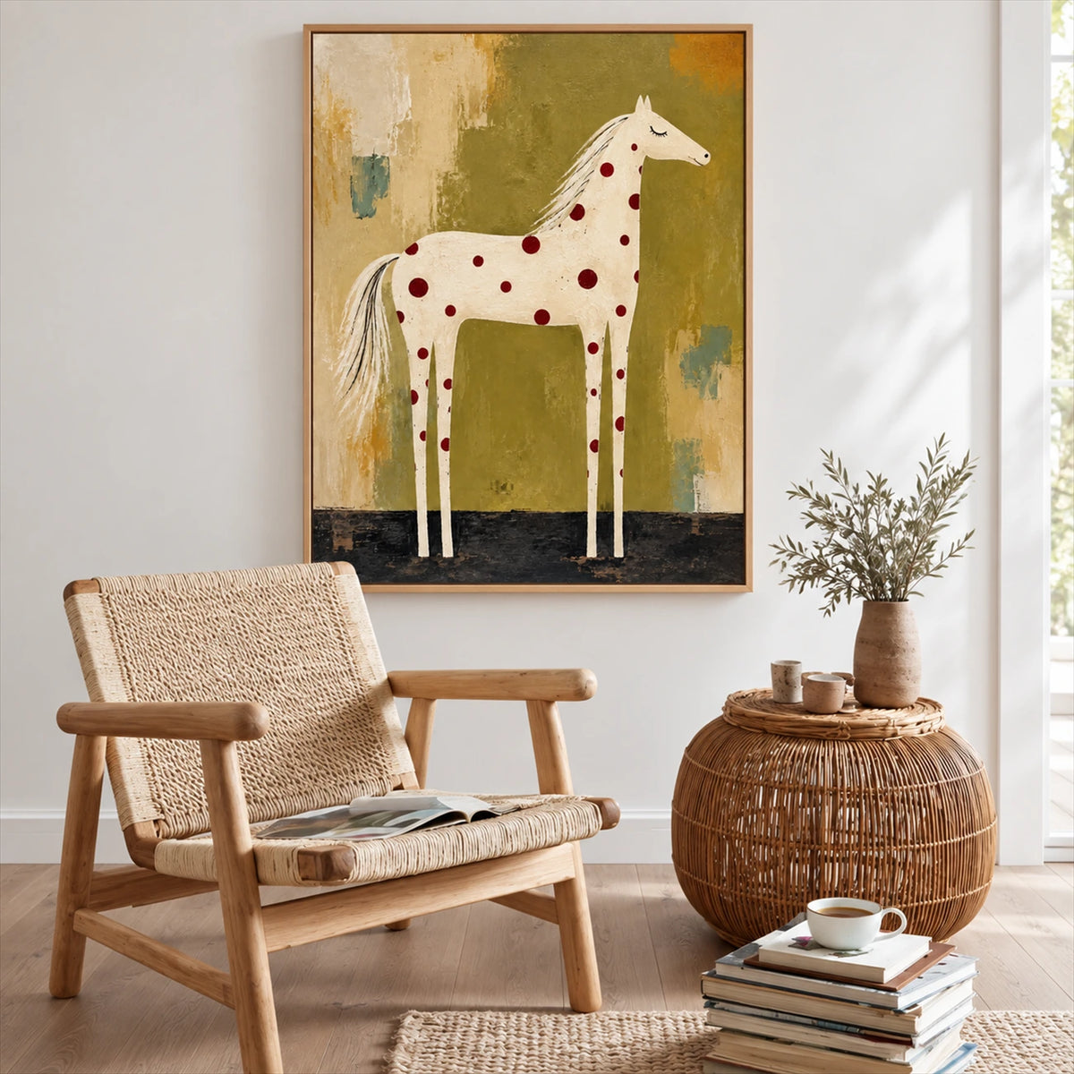 Ruby Spotted Horse painting beside a woven wooden armchair and wicker side table in a bright room.