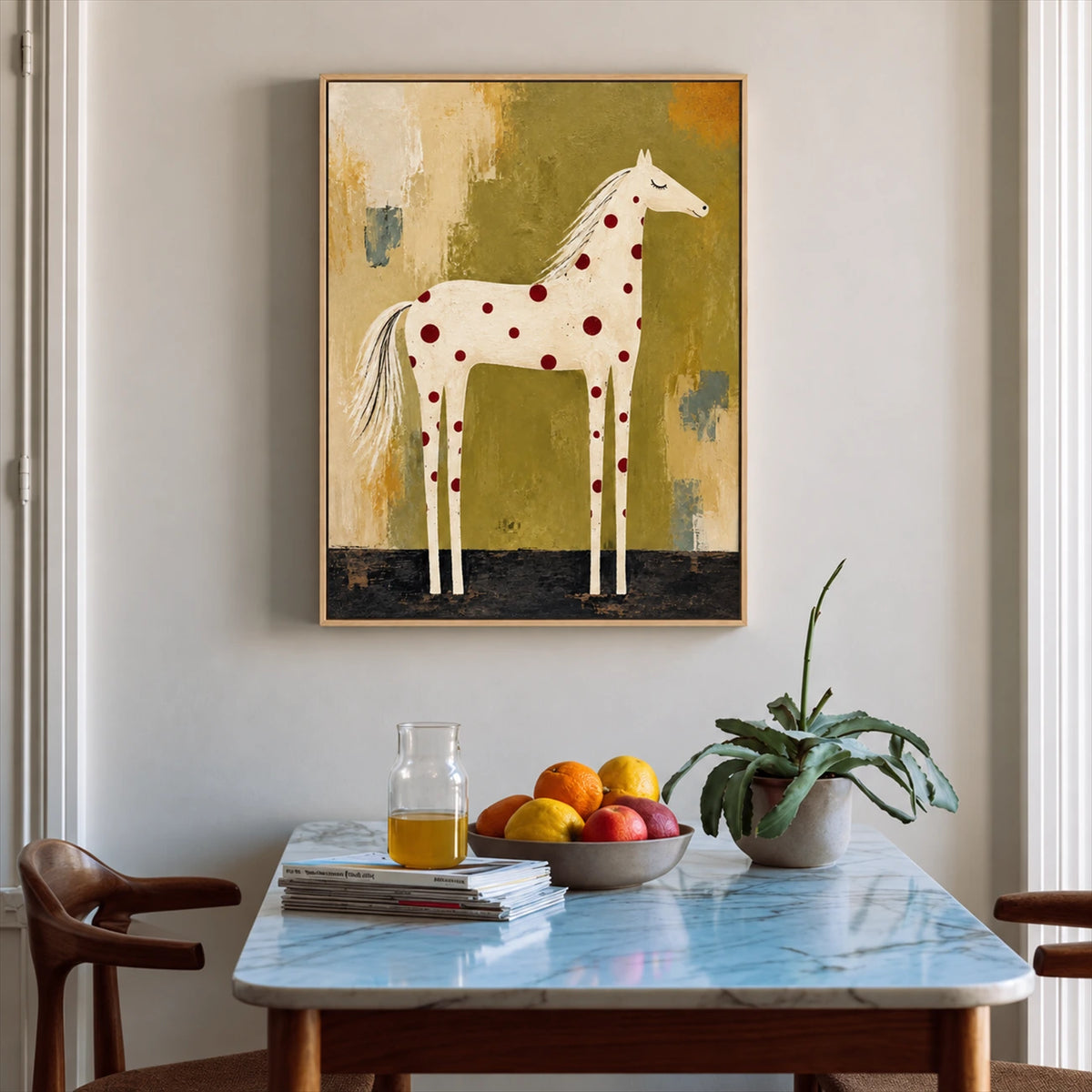 Ruby Spotted Horse painting above a blue-topped dining table with fruit and a potted plant.