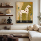 Ruby Spotted Horse painting above a cream sectional sofa beside shelves of sculptural objects.