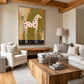 Ruby Spotted Horse painting in a neutral living room with exposed wooden beams and a rustic wooden coffee table.
