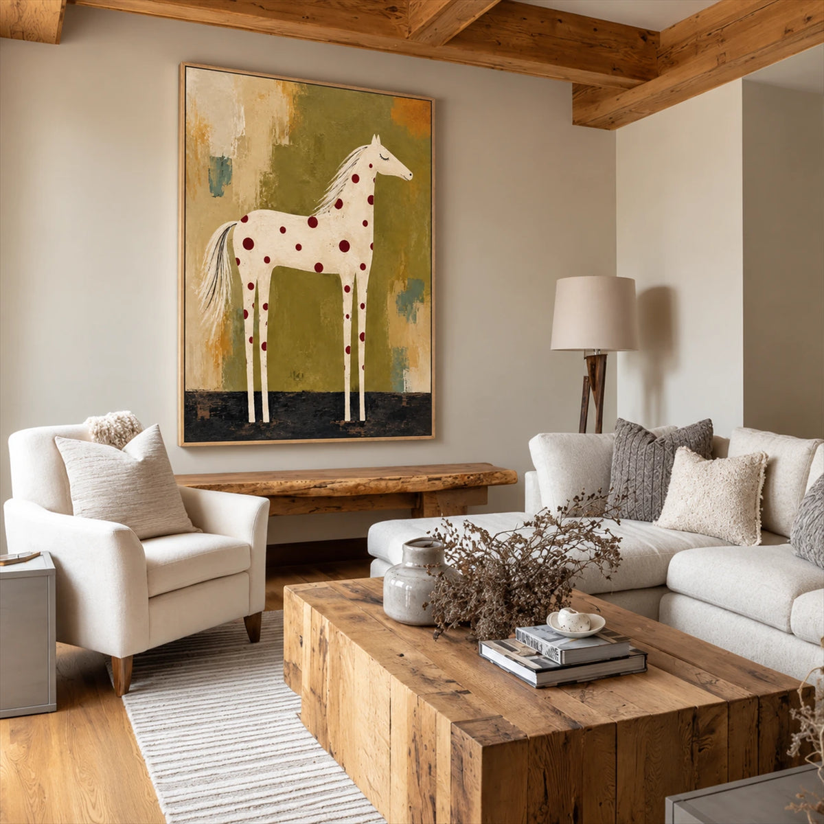 Ruby Spotted Horse painting in a neutral living room with exposed wooden beams and a rustic wooden coffee table.