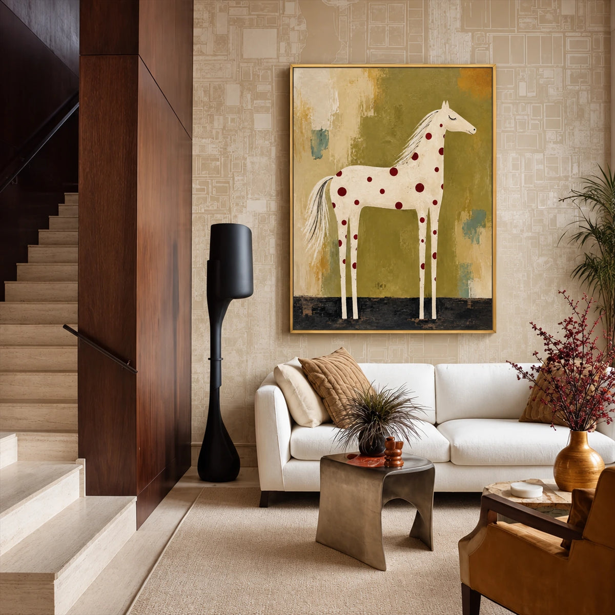 Ruby Spotted Horse painting above a pale sofa near a staircase in a tall, warm-toned living room.