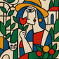 Full colorful geometric artwork of a woman holding a red flower, surrounded by green leaves, a white bird, a cream cat and a building with a red roof.