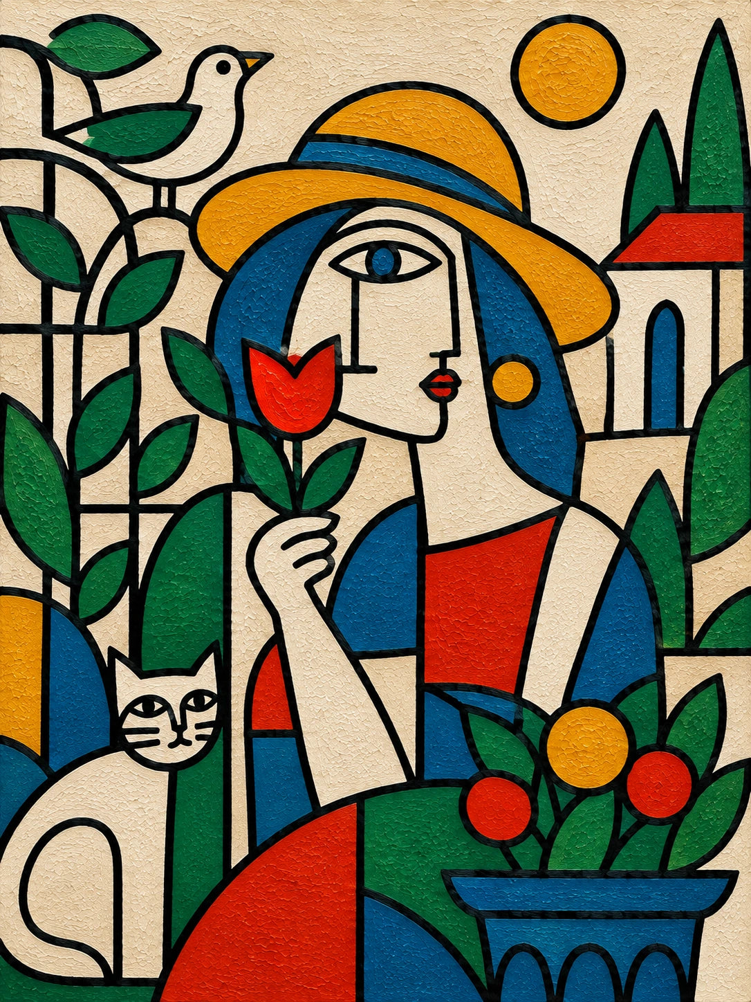 Full colorful geometric artwork of a woman holding a red flower, surrounded by green leaves, a white bird, a cream cat and a building with a red roof.