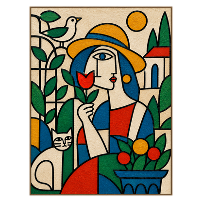 Garden Muse vertical artwork in a natural wood frame on a transparent background.