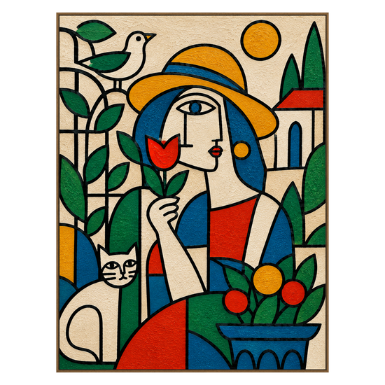 Garden Muse vertical artwork in a natural wood frame on a transparent background.