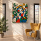 Garden Muse painting between tall windows beside a mustard armchair in a sunlit room.