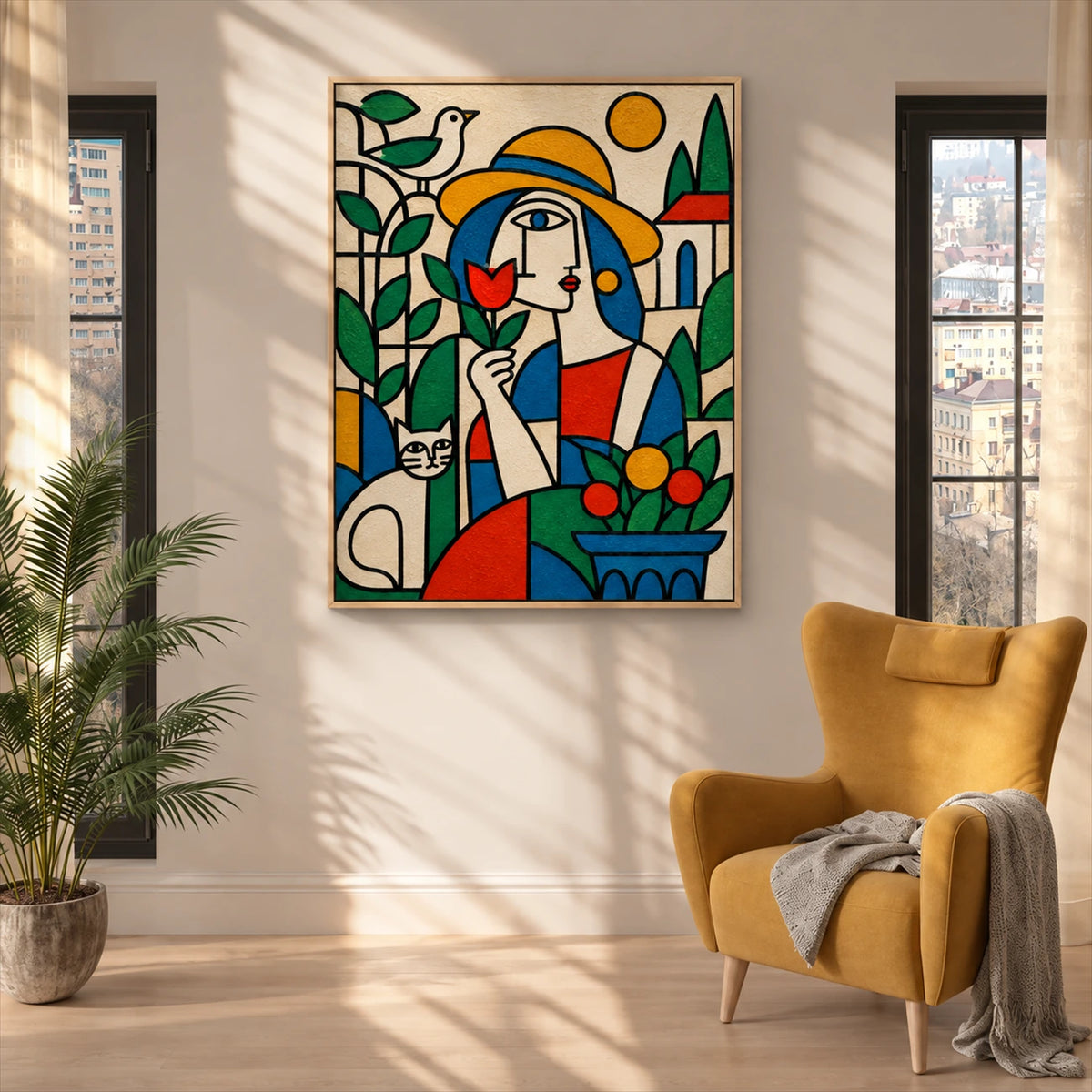 Garden Muse painting between tall windows beside a mustard armchair in a sunlit room.