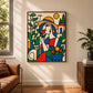 Garden Muse painting beside a tan leather sofa and wooden cabinet in a warm, bright interior.