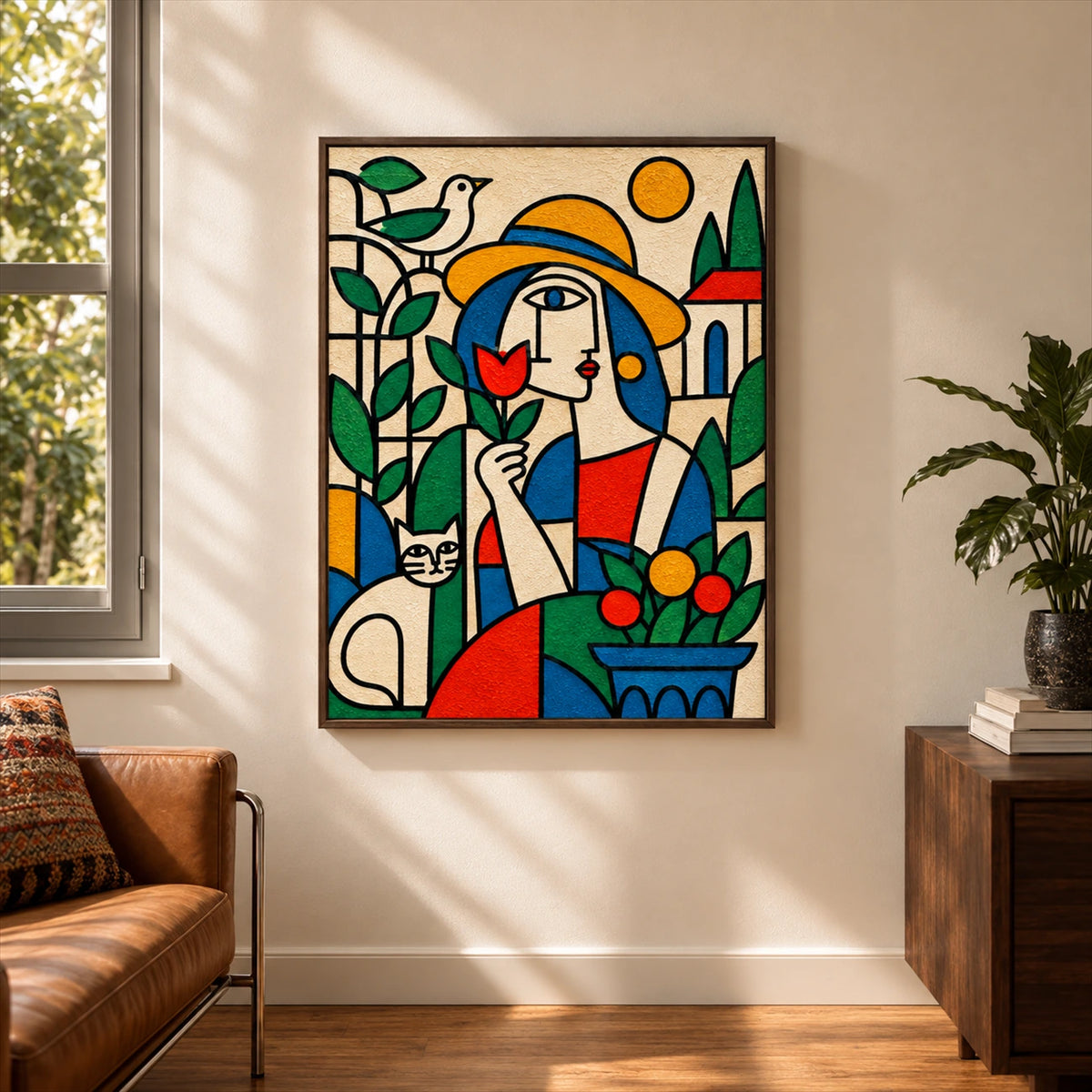 Garden Muse painting beside a tan leather sofa and wooden cabinet in a warm, bright interior.