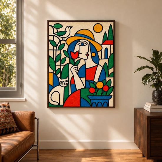 Garden Muse painting beside a tan leather sofa and wooden cabinet in a warm, bright interior.