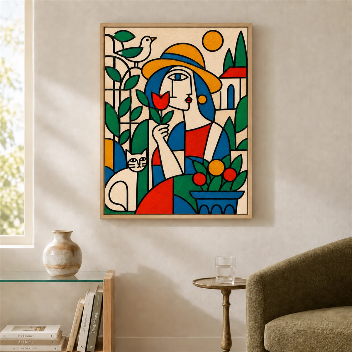 Garden Muse painting near a sunny window above a side table beside an olive armchair.