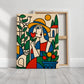Garden Muse stretched canvas leaning on a pale wooden floor with an empty frame behind it.
