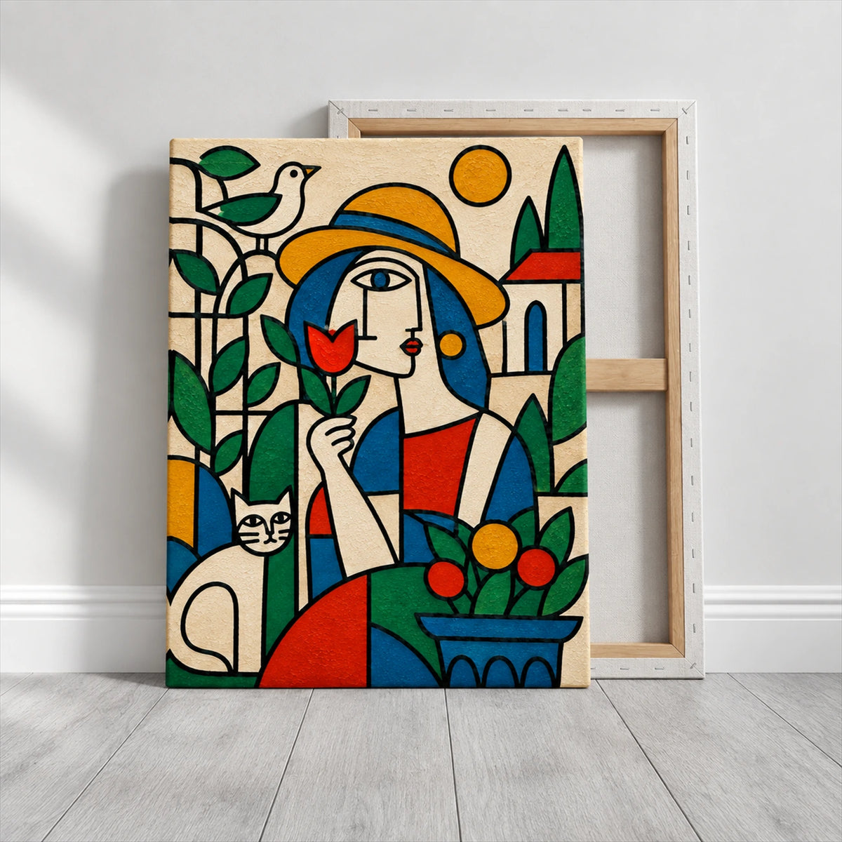Garden Muse stretched canvas leaning on a pale wooden floor with an empty frame behind it.