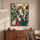 Garden Muse painting above a wooden sideboard in a neutral dining room with a pendant lamp.