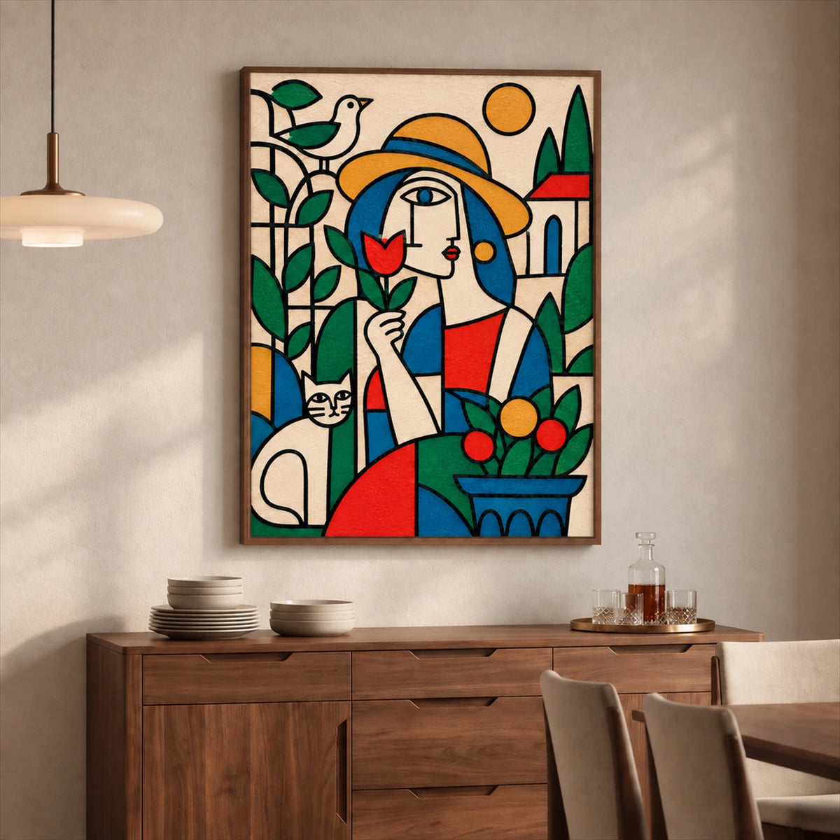 Garden Muse painting above a wooden sideboard in a neutral dining room with a pendant lamp.