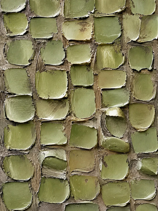 Full abstract artwork of irregular olive, sage and moss-green blocks with earthy brown lines and pale edges.
