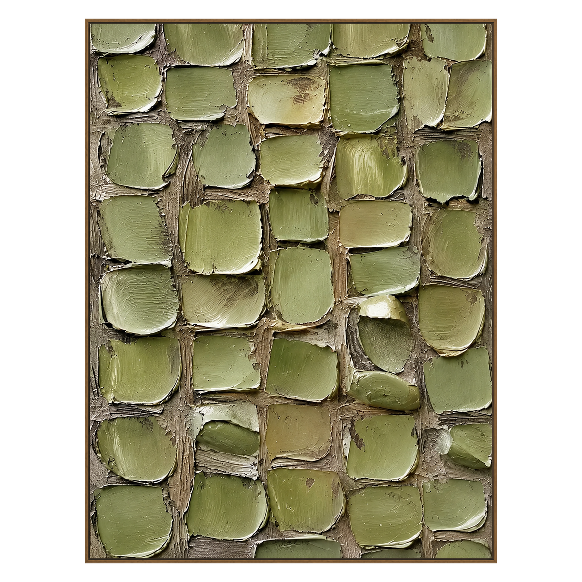 Olive Mosaic vertical artwork in a natural wood frame on a transparent background.