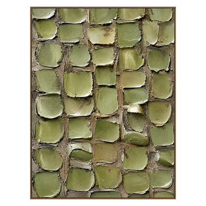 Olive Mosaic vertical artwork in a natural wood frame on a transparent background.
