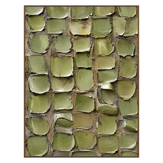 Olive Mosaic vertical artwork in a natural wood frame on a transparent background.
