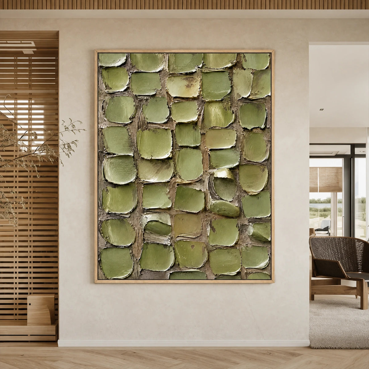 Olive Mosaic painting on a pale wall beside wooden slatted doors in an airy interior.