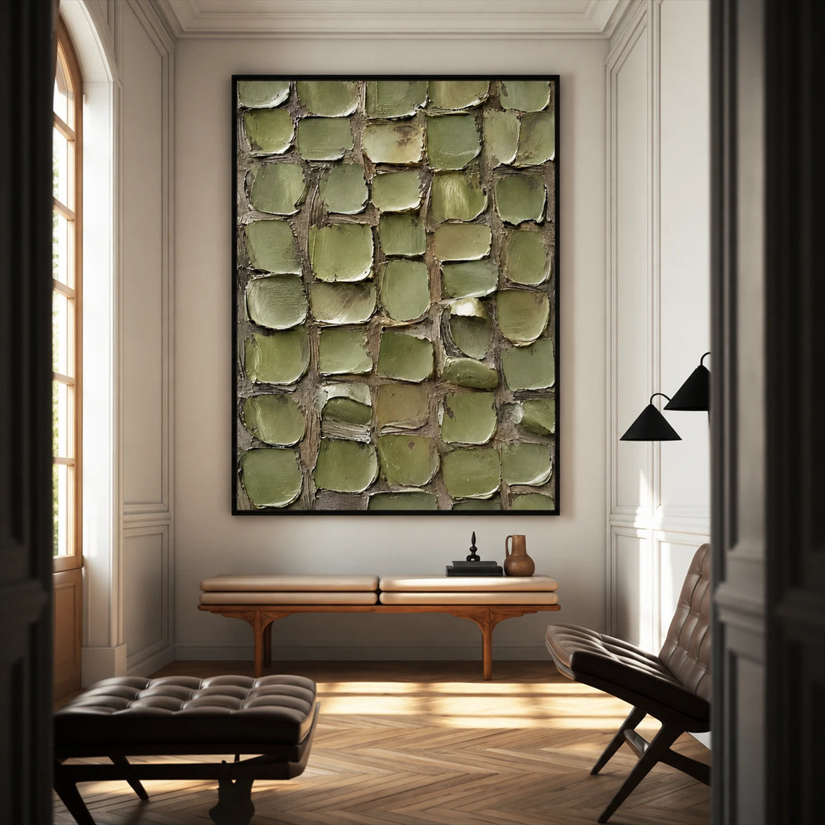 Olive Mosaic painting above a wooden console in a paneled room with dark upholstered seating.