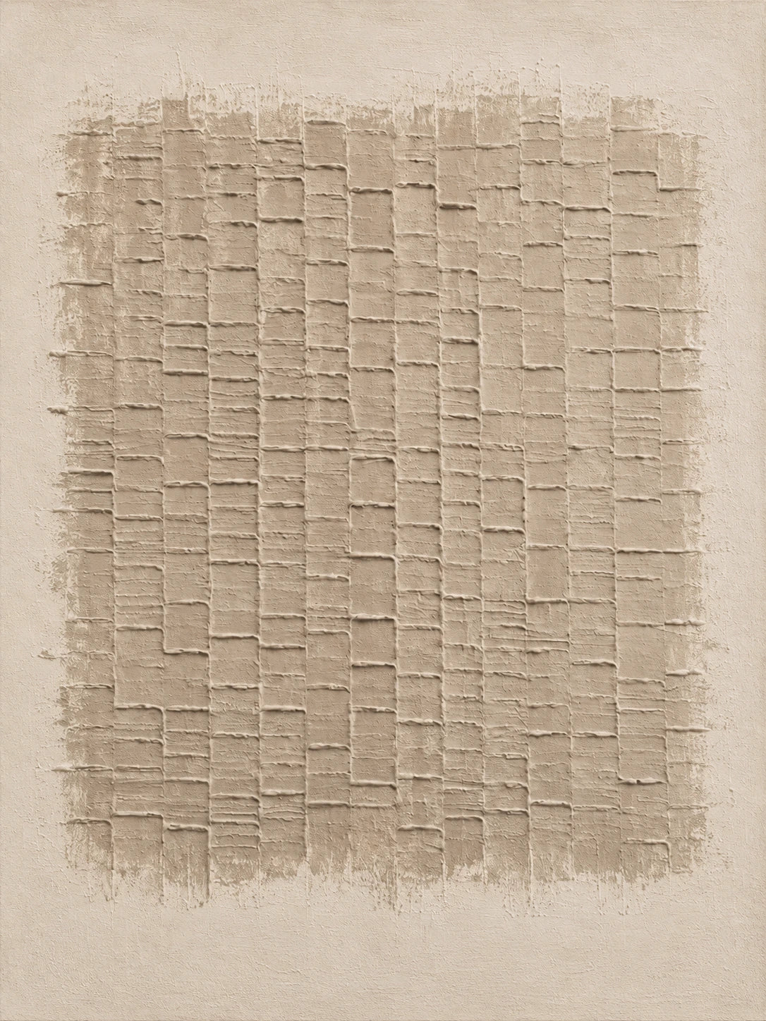 Full abstract artwork of small irregular beige blocks and intersecting lines forming a rectangular grid within a warm ivory border.