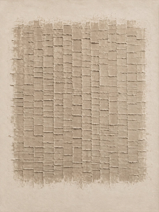 Full abstract artwork of small irregular beige blocks and intersecting lines forming a rectangular grid within a warm ivory border.