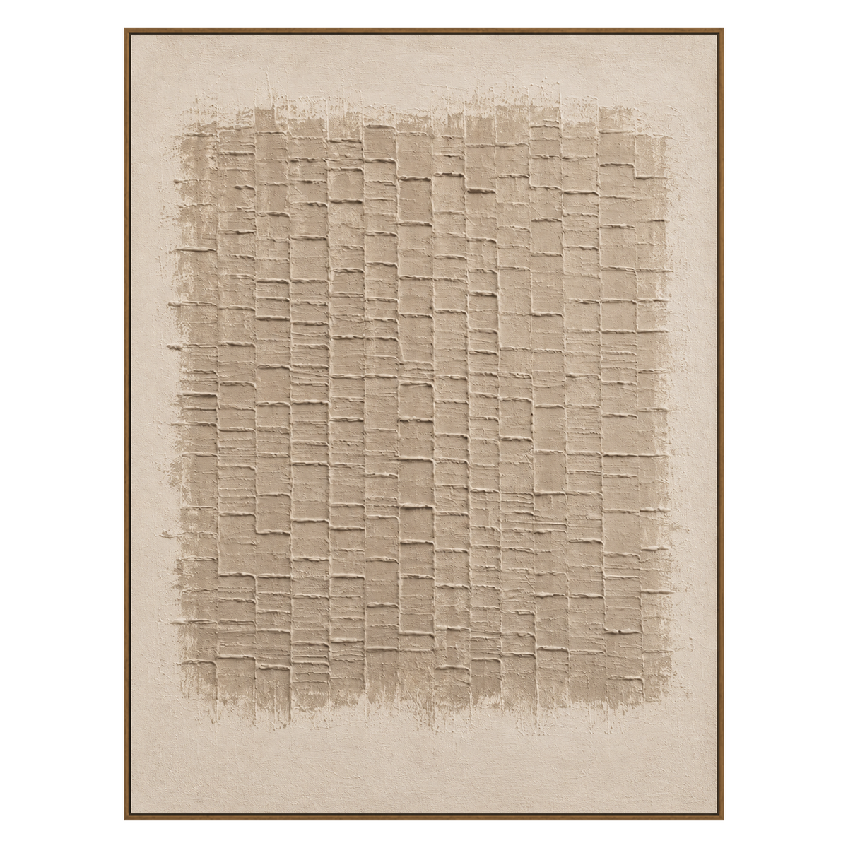 Linen Rhythm vertical artwork in a natural wood frame on a transparent background.