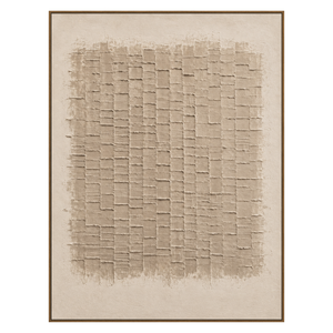 Linen Rhythm vertical artwork in a natural wood frame on a transparent background.