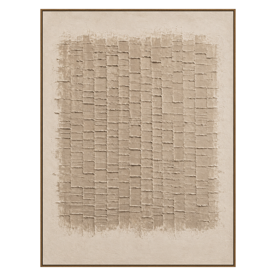 Linen Rhythm vertical artwork in a natural wood frame on a transparent background.
