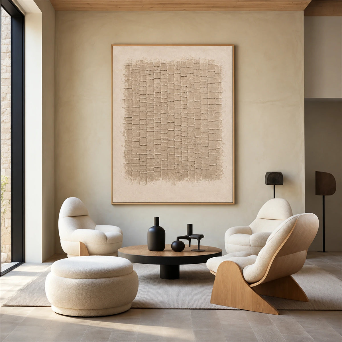 Linen Rhythm painting above curved cream seating and a low round table in a minimalist living room.