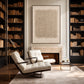 Linen Rhythm painting above a fireplace in a library with dark bookshelves and upholstered lounge chairs.