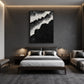 Midnight Surf painting above a bed in a dark bedroom with warm concealed lighting.