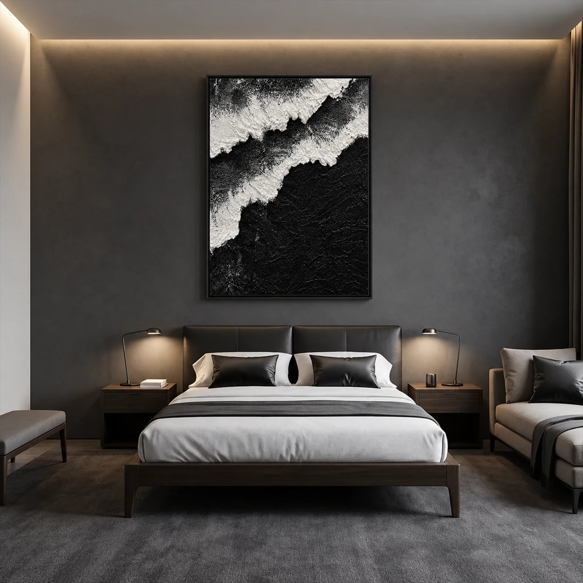 Midnight Surf painting above a bed in a dark bedroom with warm concealed lighting.