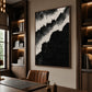 Midnight Surf painting beside illuminated bookshelves and a wooden desk in a warm study.