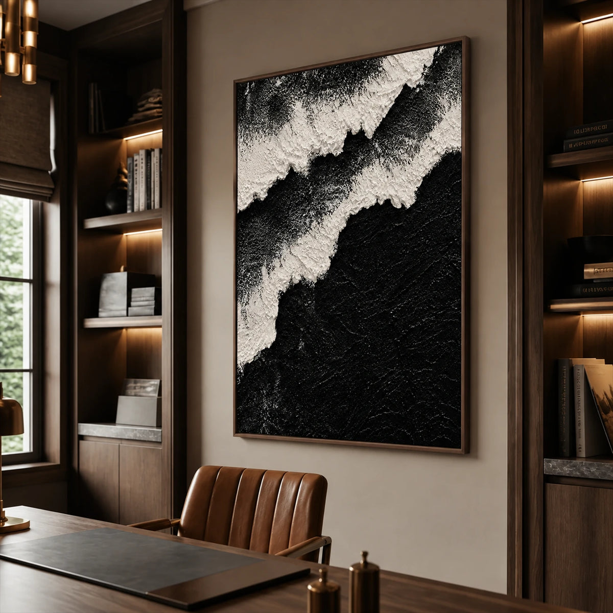 Midnight Surf painting beside illuminated bookshelves and a wooden desk in a warm study.