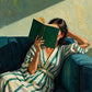 Full artwork of a woman in a cream-and-teal striped dress reading a green book on a teal sofa beneath a diagonal band of sunlight.