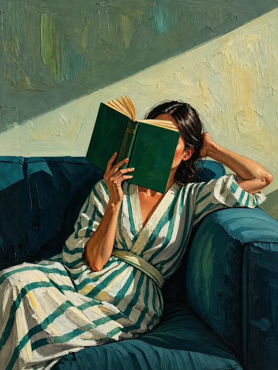 Full artwork of a woman in a cream-and-teal striped dress reading a green book on a teal sofa beneath a diagonal band of sunlight.