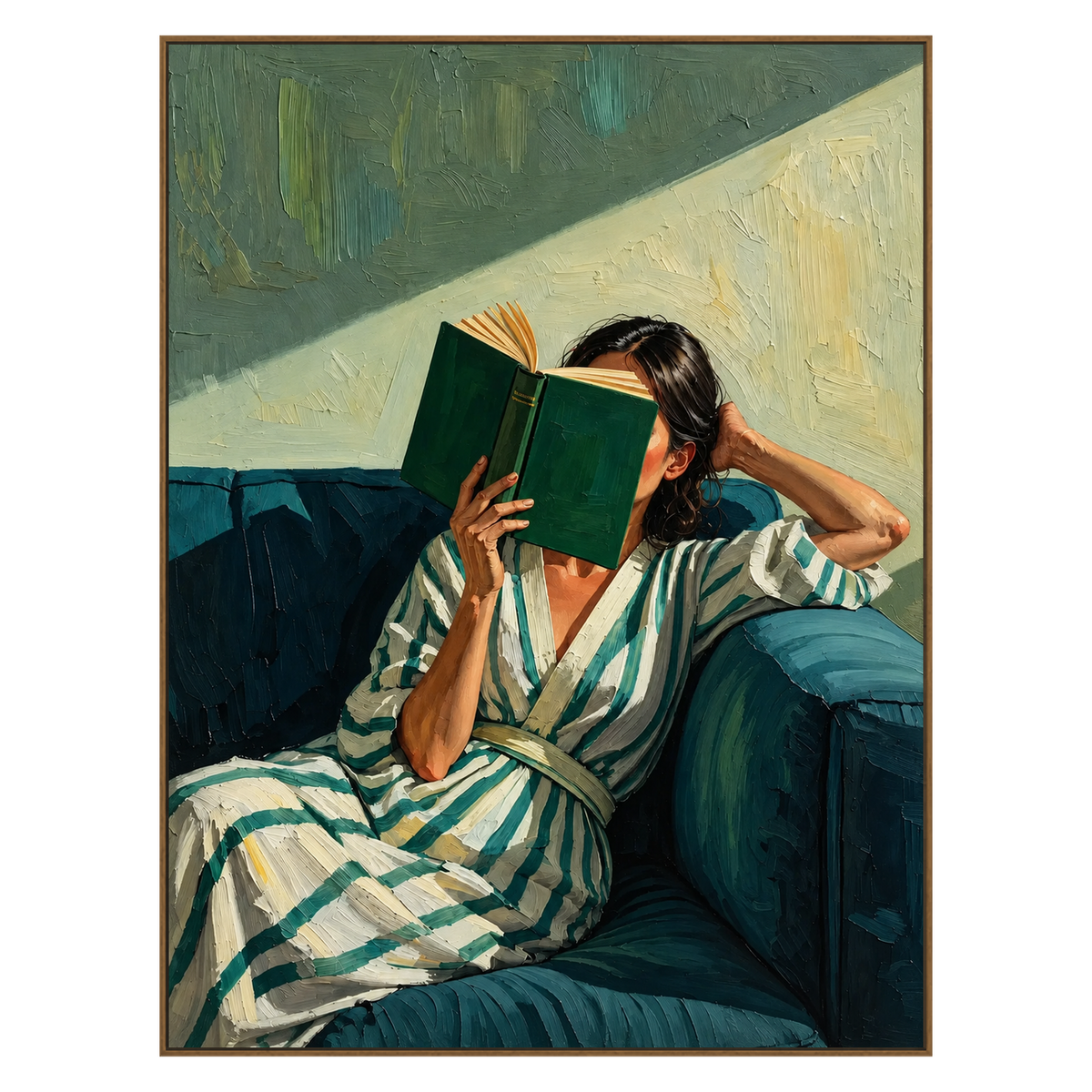 Sunlit Pages vertical artwork in a natural wood frame on a transparent background.