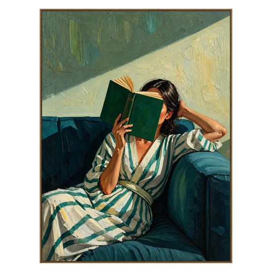 Sunlit Pages vertical artwork in a natural wood frame on a transparent background.