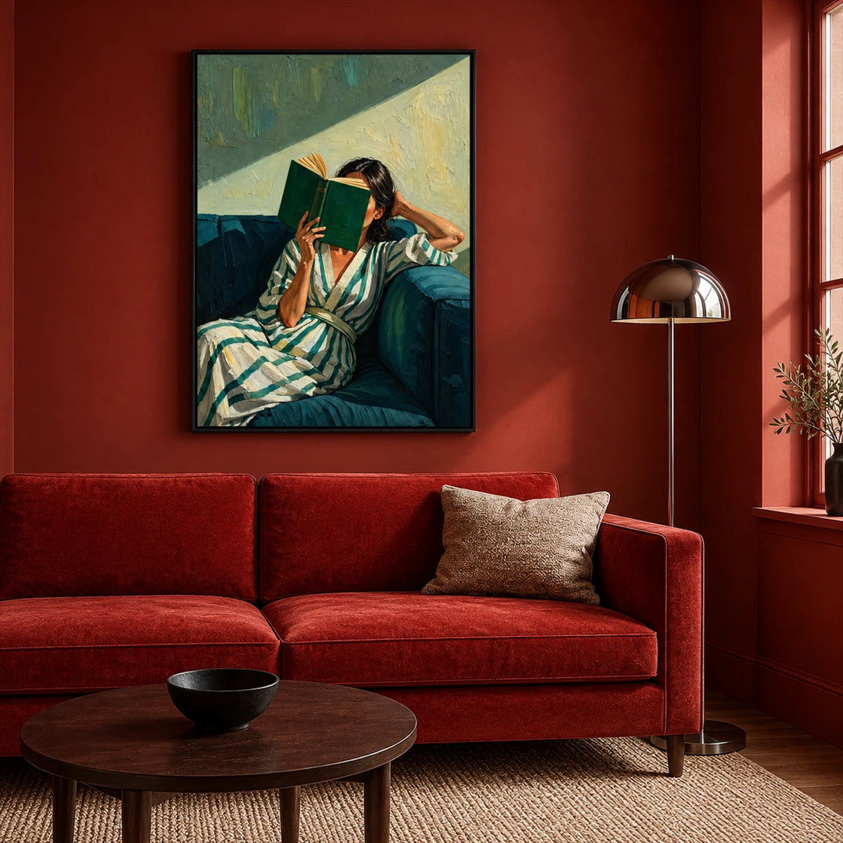 Sunlit Pages painting above a red sofa on a deep red wall beside a window and metal lamp.