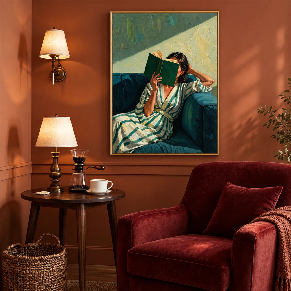 Sunlit Pages painting beside a burgundy armchair and round side table with a lamp in a warm reading corner.