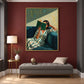 Sunlit Pages painting above a gray chaise against a burgundy wall with a small brass side table.