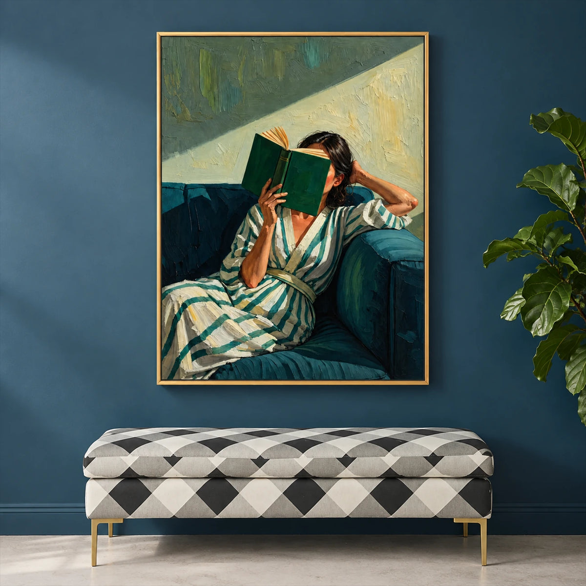 Sunlit Pages painting above a black-and-white diamond-patterned bench against a blue wall.