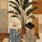 Full artwork of two seated figures in contrasting hats and striped clothing beside a tall potted plant against cream, sand and terracotta blocks.