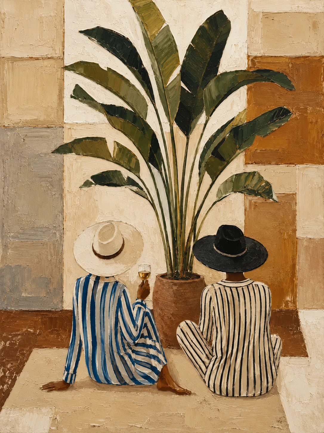 Full artwork of two seated figures in contrasting hats and striped clothing beside a tall potted plant against cream, sand and terracotta blocks.