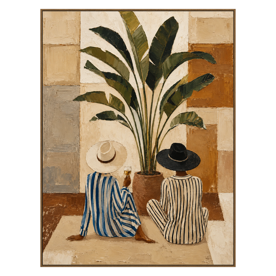 Leafside Companions vertical artwork in a natural wood frame on a transparent background.