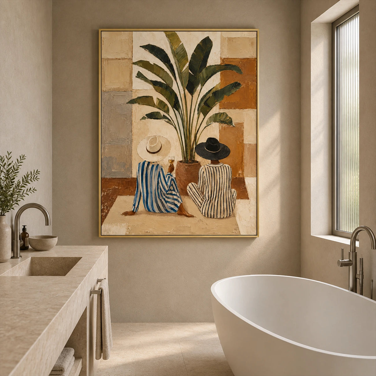 Leafside Companions painting beside a freestanding white bathtub and stone vanity in a bright neutral bathroom.